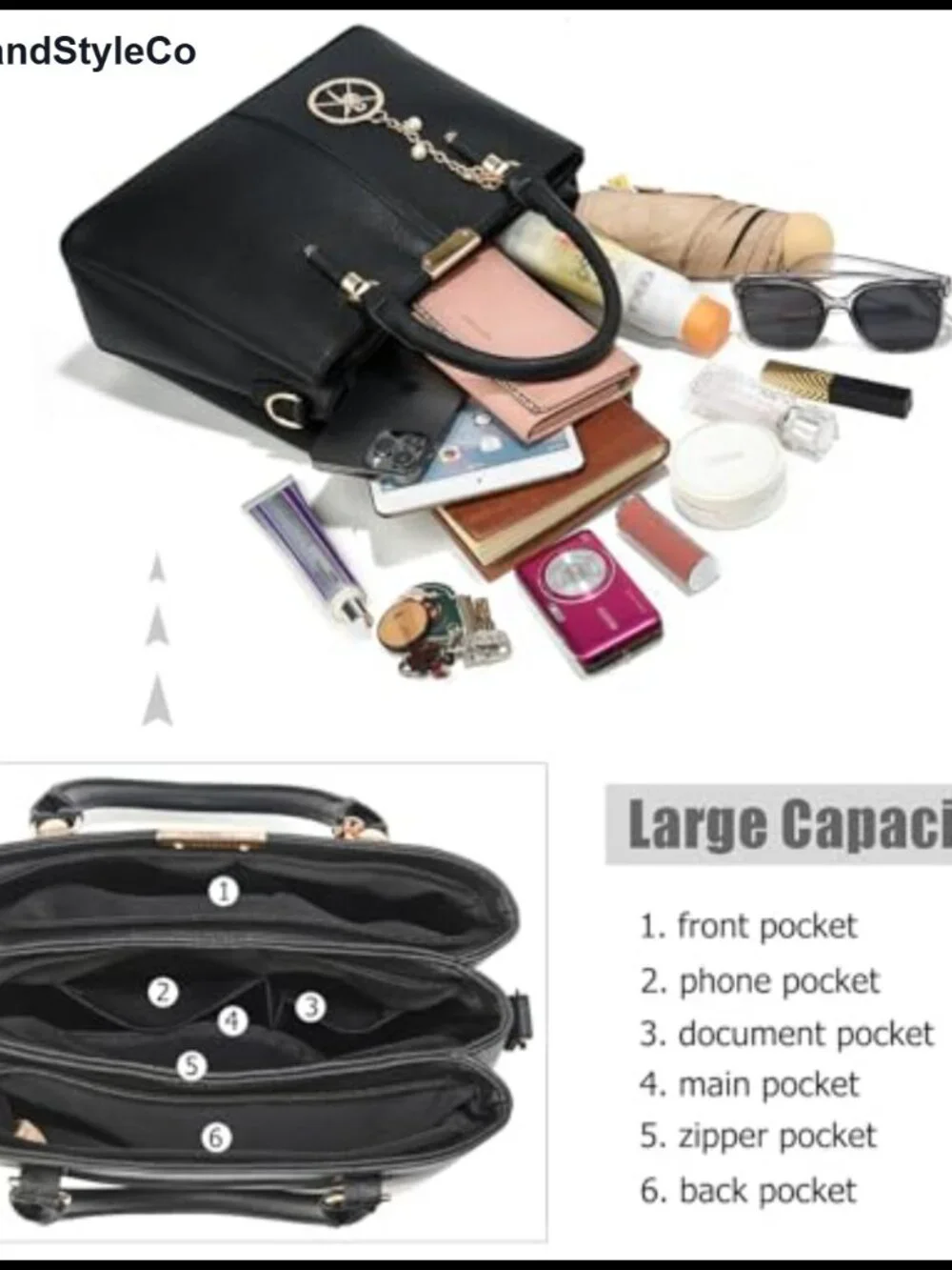 Women's Faux Leather Satchel Purse with 3 Zip Compartments, Adjustable Strap